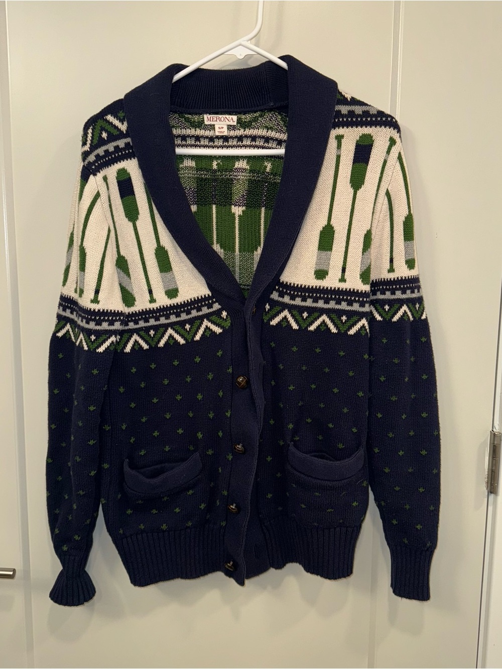 Merona Navy and Green paddle print collared Cardigan Sweater